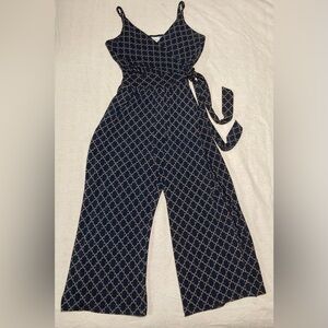 Kaileigh Cream and Blue Wide-Leg Jumpsuit with Geometric Pattern